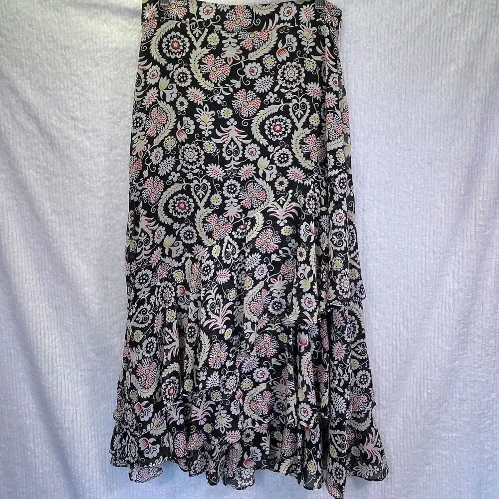 Boden Black Multicolored Floral Printed Tiered Satin Ruffle Maxi Skirt Size 8